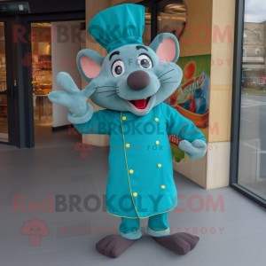 Turquoise Ratatouille mascot costume character dressed with a Trousers and Cummerbunds