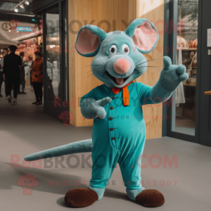 Turquoise Ratatouille mascot costume character dressed with a Trousers and Cummerbunds