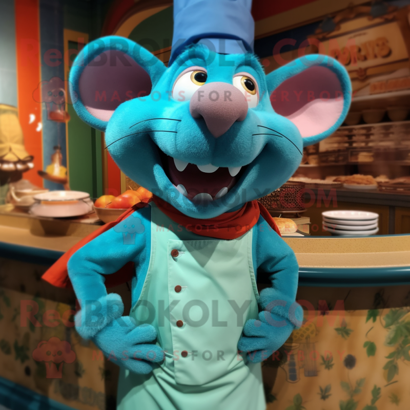 Turquoise Ratatouille mascot costume character dressed with a Trousers and Cummerbunds