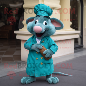 Turquoise Ratatouille mascot costume character dressed with a Trousers and Cummerbunds