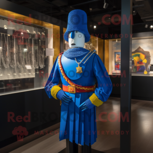 Blue Swiss Guard mascot costume character dressed with a Dress Shirt and Necklaces