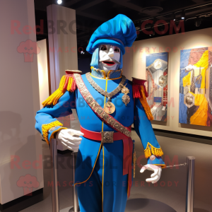 Blue Swiss Guard mascot costume character dressed with a Dress Shirt and Necklaces