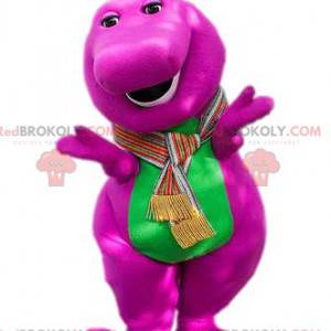 Mascotte fuchsia en groen dinosaurus. Dinosaurus kostuum -