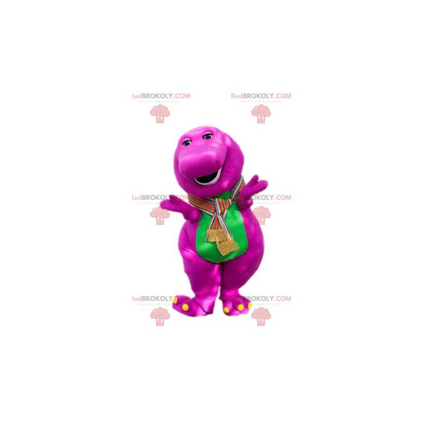 Maskottchen aus Fuchsia und grünem Dinosaurier. Dinosaurier