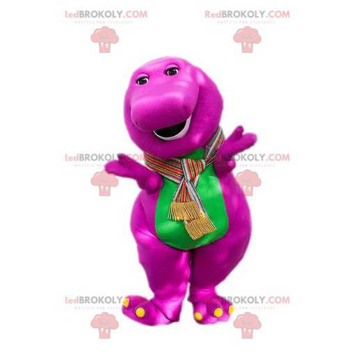 Fuchsia och grön dinosaurie maskot. Dinosaurie kostym -