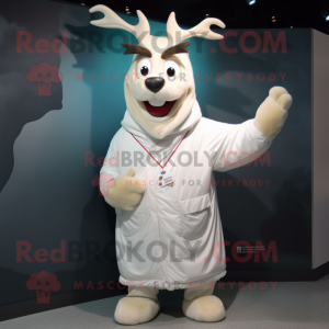 White Reindeer mascot costume character dressed with a Windbreaker and Wraps