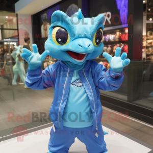 Sky Blue Geckos mascot costume character dressed with a Windbreaker and Rings