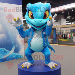 Sky Blue Geckos mascot costume character dressed with a Windbreaker and Rings