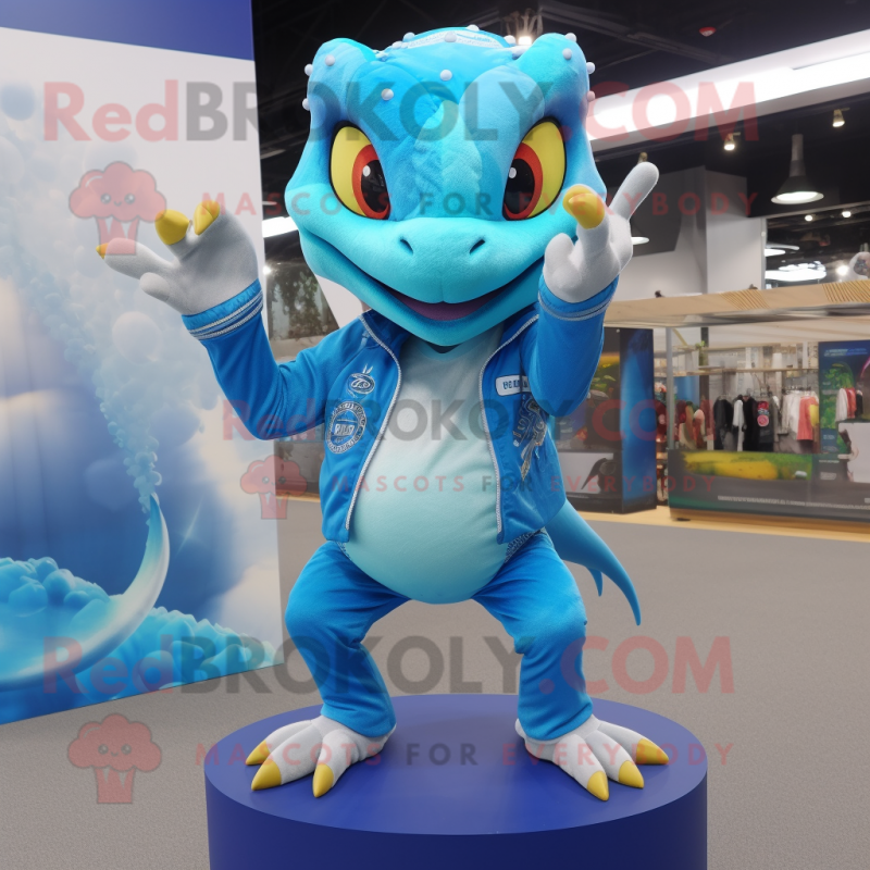 Sky Blue Geckos mascot costume character dressed with a Windbreaker and Rings Sky Blue Geckos mascot costume character dressed with a Windbreaker and Rings