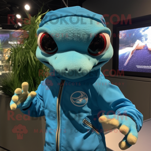 Sky Blue Geckos mascot costume character dressed with a Windbreaker and Rings