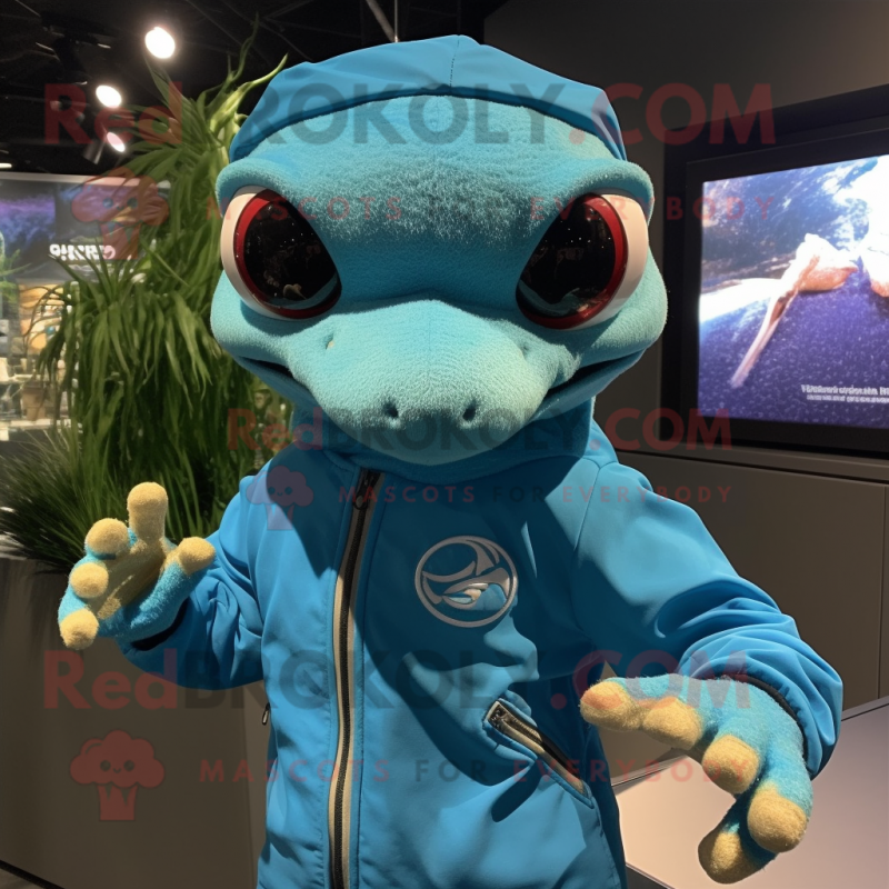 Sky Blue Geckos mascot costume character dressed with a Windbreaker and Rings Sky Blue Geckos mascot costume character dressed with a Windbreaker and Rings