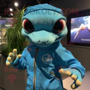 Sky Blue Geckos mascot costume character dressed with a Windbreaker and Rings