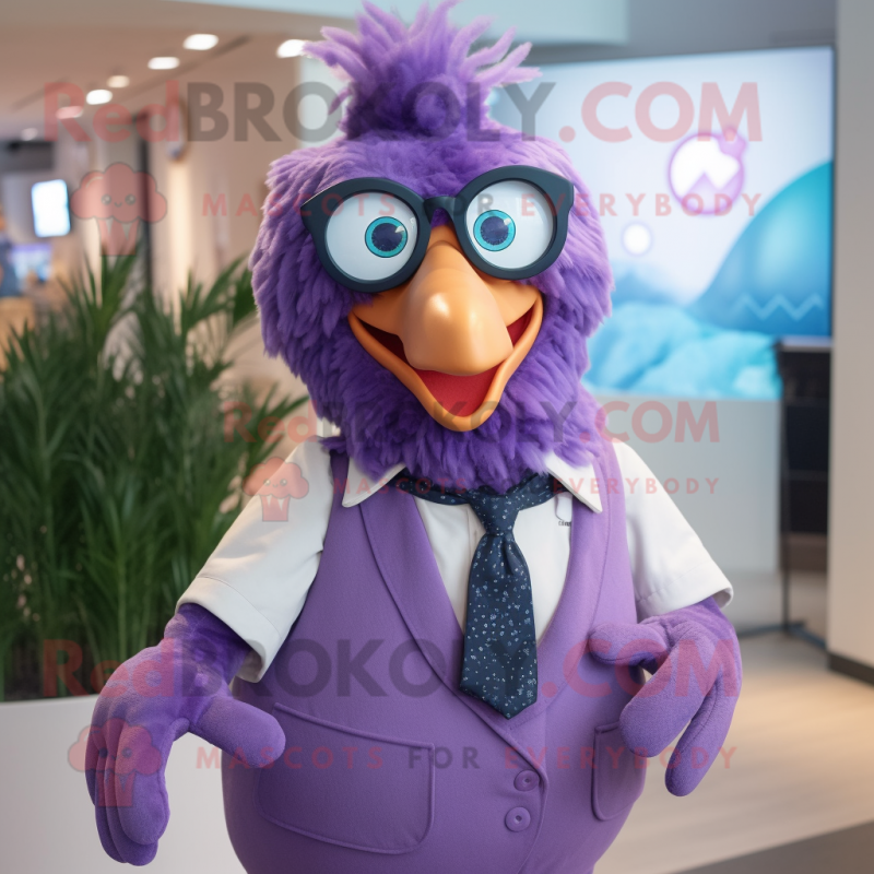 Purple Hens mascot costume character dressed with a Dress Shirt and Eyeglasses Purple Hens mascot costume character dressed with a Dress Shirt and Eyeglasses