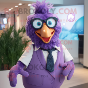 Purple Hens mascot costume character dressed with a Dress Shirt and Eyeglasses