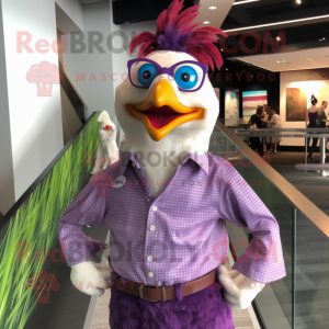Purple Hens mascot costume character dressed with a Dress Shirt and Eyeglasses