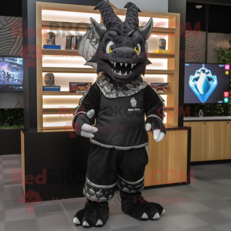 Black Dragon mascot costume character dressed with a Sweatshirt and Cummerbunds Black Dragon mascot costume character dressed with a Sweatshirt and Cummerbunds