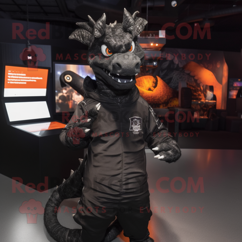 Black Dragon mascot costume character dressed with a Sweatshirt and Cummerbunds