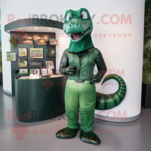 Forest Green Titanoboa mascot costume character dressed with a A-Line Skirt and Wallets