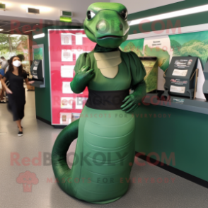 Forest Green Titanoboa mascot costume character dressed with a A-Line Skirt and Wallets