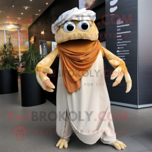 Tan Crab mascot costume character dressed with a Maxi Dress and Scarves