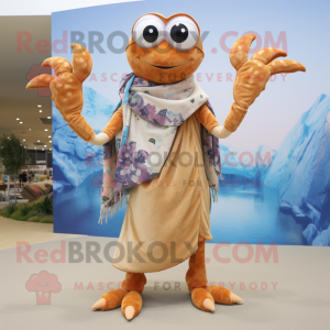 Tan Crab mascot costume character dressed with a Maxi Dress and Scarves