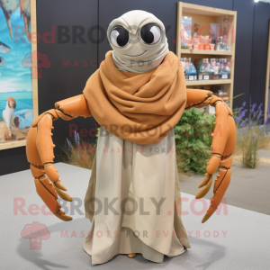 Tan Crab mascot costume character dressed with a Maxi Dress and Scarves