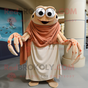 Tan Crab mascot costume character dressed with a Maxi Dress and Scarves