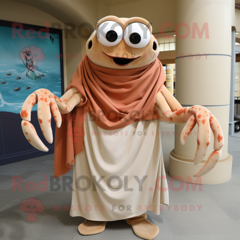 Tan Crab mascot costume character dressed with a Maxi Dress and Scarves Tan Crab mascot costume character dressed with a Maxi Dress and Scarves
