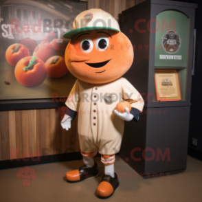 Peach Guinness mascot costume character dressed with a Baseball Tee and Lapel pins