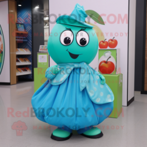 Turquoise Apple mascot costume character dressed with a Wrap Skirt and Clutch bags