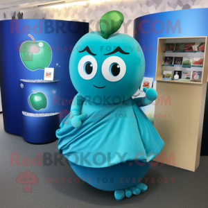 Turquoise Apple mascot costume character dressed with a Wrap Skirt and Clutch bags