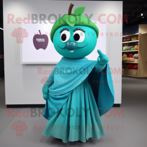 Turquoise Apple mascot costume character dressed with a Wrap Skirt and Clutch bags