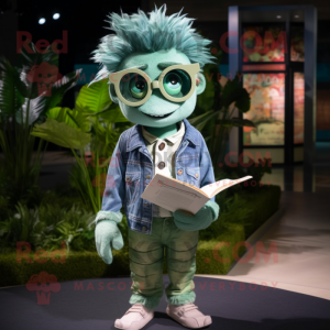 Forest Green Love Letter mascot costume character dressed with a Chambray Shirt and Sunglasses