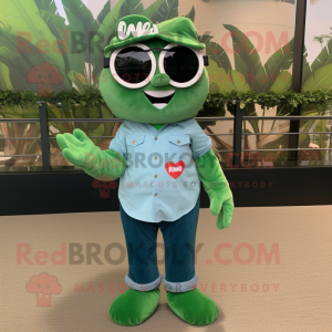 Forest Green Love Letter mascot costume character dressed with a Chambray Shirt and Sunglasses