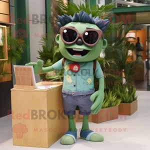 Forest Green Love Letter mascot costume character dressed with a Chambray Shirt and Sunglasses