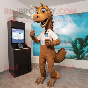 Brown Sea Horse mascot costume character dressed with a Suit Pants and Digital watches