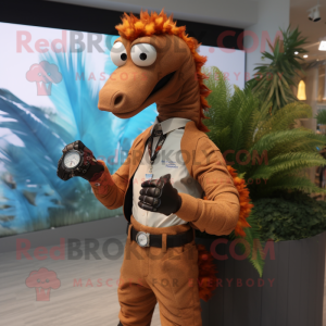 Brown Sea Horse mascot costume character dressed with a Suit Pants and Digital watches