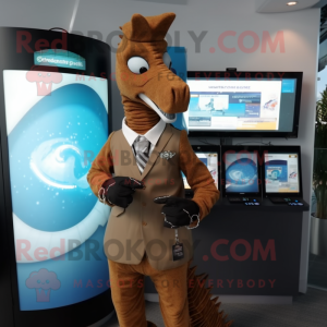 Brown Sea Horse mascot costume character dressed with a Suit Pants and Digital watches