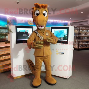 Brown Sea Horse mascot costume character dressed with a Suit Pants and Digital watches