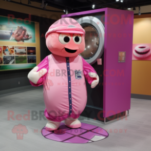 Pink Human Cannon Ball mascot costume character dressed with a Baseball Tee and Scarf clips