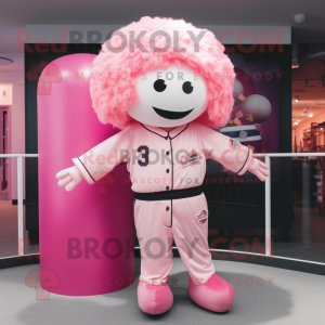 Pink Human Cannon Ball mascot costume character dressed with a Baseball Tee and Scarf clips