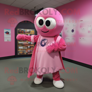 Pink Human Cannon Ball mascot costume character dressed with a Baseball Tee and Scarf clips