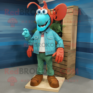 Turquoise Lobster mascot costume character dressed with a Chambray Shirt and Shoe laces