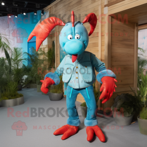 Turquoise Lobster mascot costume character dressed with a Chambray Shirt and Shoe laces