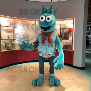 Turquoise Lobster mascot costume character dressed with a Chambray Shirt and Shoe laces