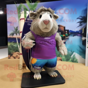 Purple Guinea Pig mascot costume character dressed with a Board Shorts and Belts