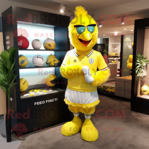 Lemon Yellow Hens mascot costume character dressed with a Rugby Shirt and Pocket squares