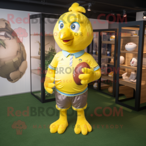 Lemon Yellow Hens mascot costume character dressed with a Rugby Shirt and Pocket squares