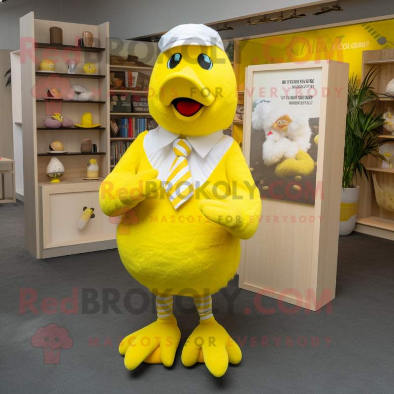 Lemon Yellow Hens mascot costume character dressed with a Rugby Shirt and Pocket squares