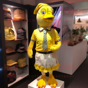 Lemon Yellow Hens mascot costume character dressed with a Rugby Shirt and Pocket squares